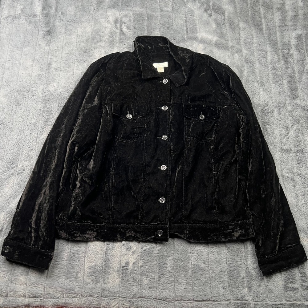Christopher & Banks Black Velvet Trucker Jacket Womens XL Button 01628-5339